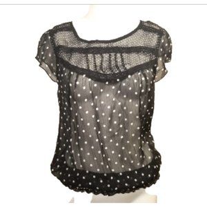 Maurices Womens Top Size M Black Chiffon Polka Dots Sheer Cap Sleeve Ruched Hem